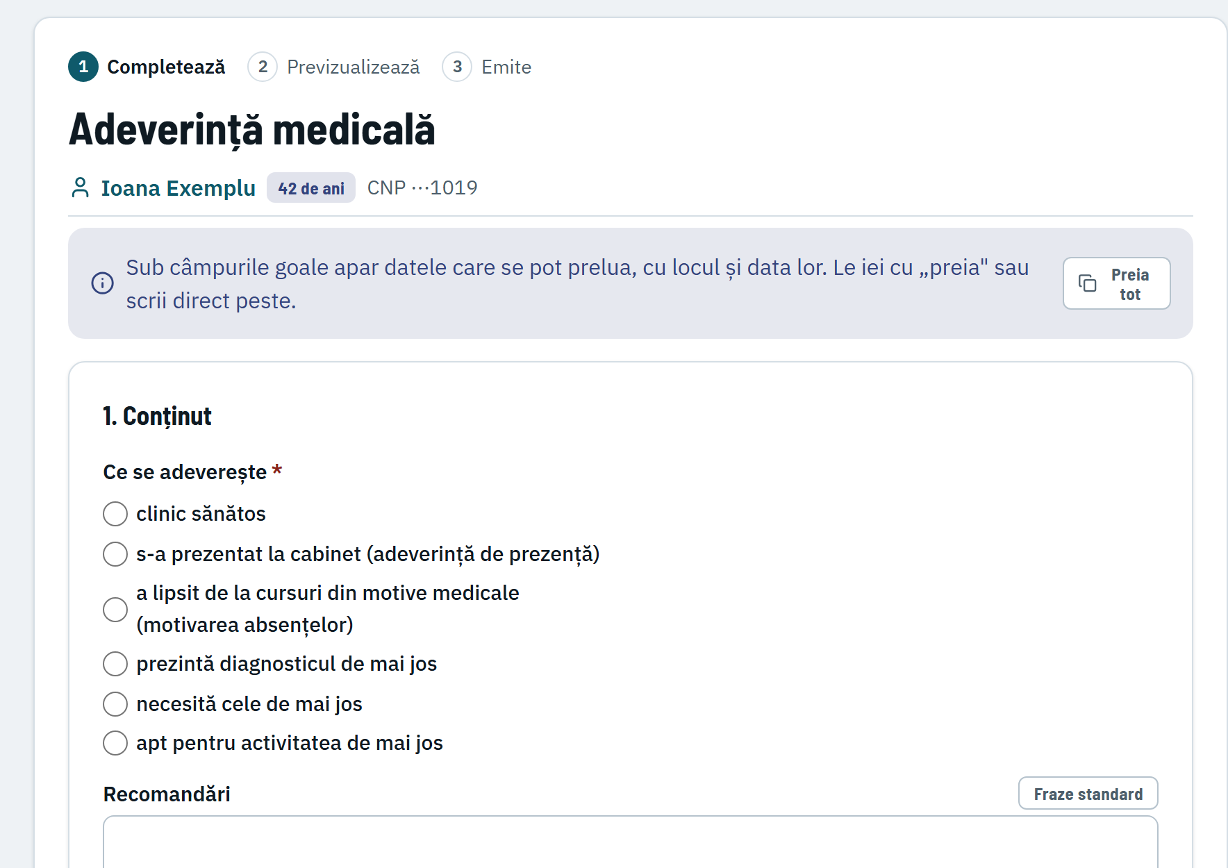 Formularul adeverinței: diagnosticul și recomandările vin din consultație, restul e de ales