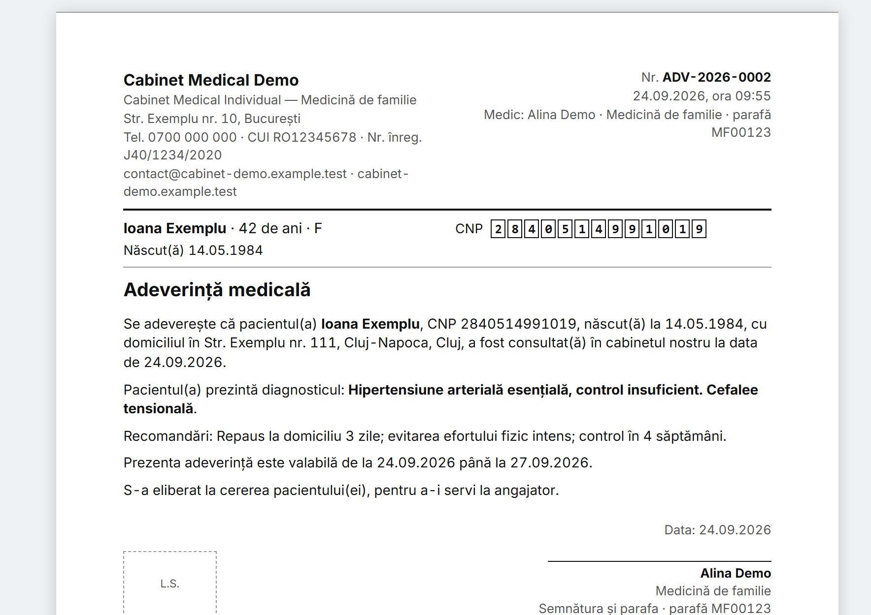 O adeverință medicală emisă, cu antetul cabinetului și numărul de înregistrare
