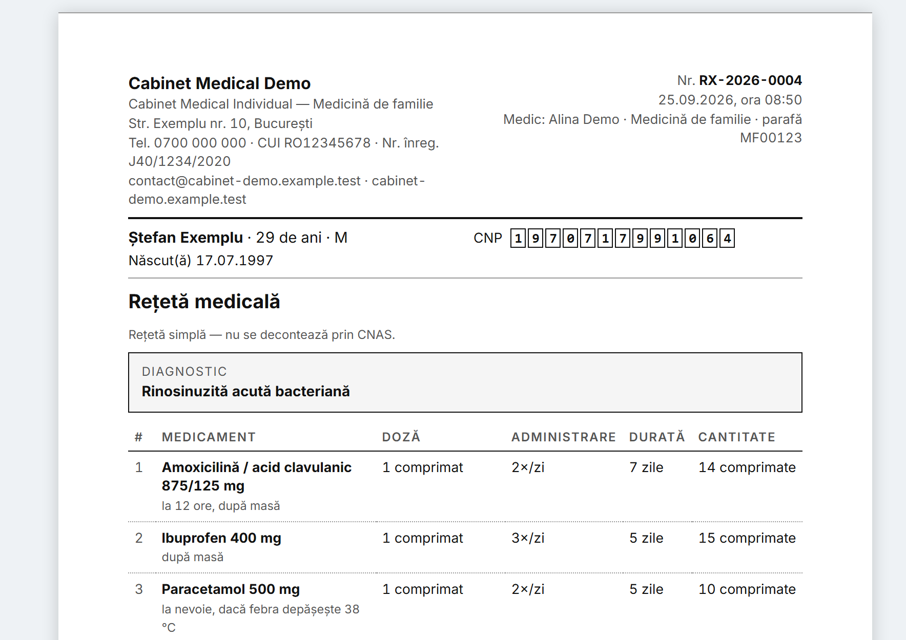 Rețeta tipărită: medicamentele, doza, ritmul și durata, cu antetul cabinetului